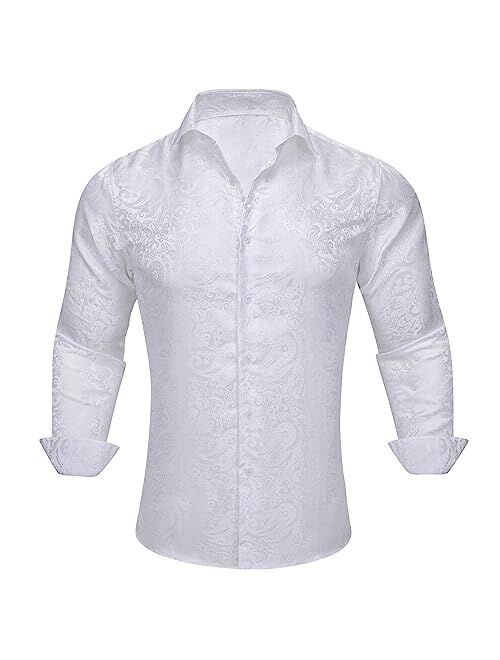 Barry.Wang Men Shirts, Paisley Flower Woven Silk Dress Shirt Long Sleeve Unique Design Formal/Leisure Wedding Party Prom