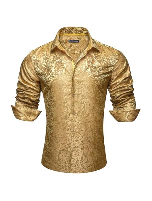 Barry.Wang Men Shirts, Paisley Flower Woven Silk Dress Shirt Long Sleeve Unique Design Formal/Leisure Wedding Party Prom