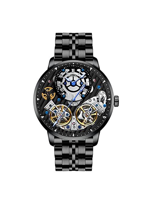 JINLERY Automatic Watches for Men Skeleton Double Flywheels Self Winding Mechanical Waterproof Wrist Watches Extra Independent Timing Dial/Luxury Dress Sapphire Crystal/L