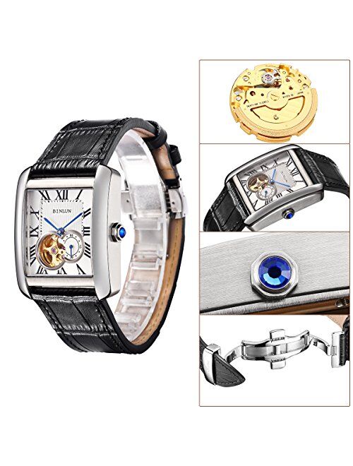 BINLUN Men’s Automatic Watches for Men Leather Strap Mechanical Skeleton Rectangle Watch