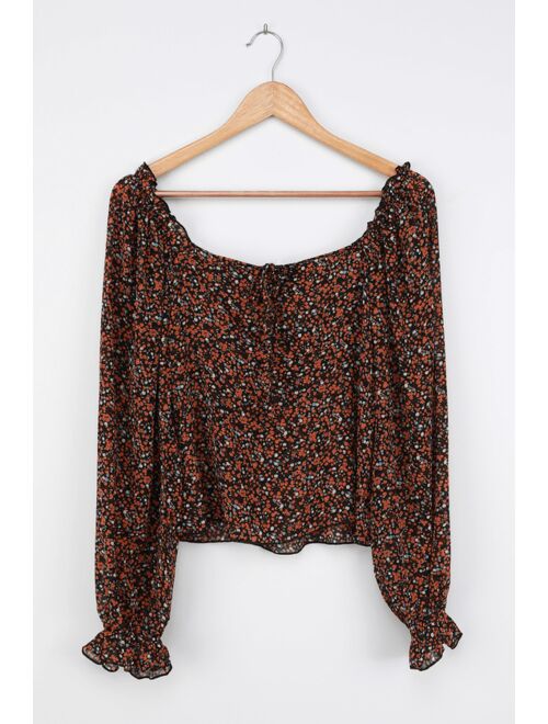 Lulus Autumn Blooms Black Floral Print Ruffled Long Sleeve Top