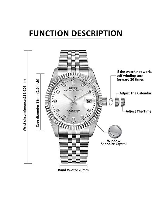 BUREI Men's Automatic Watches Mechanical Wrist Watch Date Display with Sapphire Crystal Rhinestone Markers Stainless Steel 38mm Unisex Watch