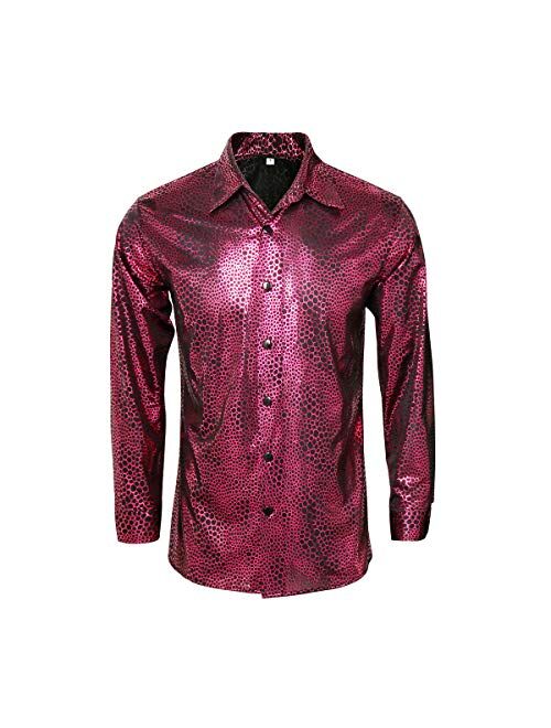 AMNPOLEN Mens Metallic Shiny Nightclub Costume Sequins Snakeskin Shirt Long Sleeve Slim Fit Button Down 70s Disco Party Props