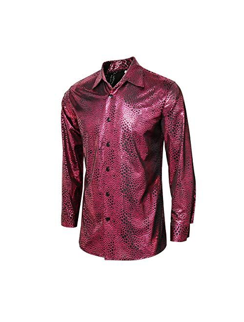 AMNPOLEN Mens Metallic Shiny Nightclub Costume Sequins Snakeskin Shirt Long Sleeve Slim Fit Button Down 70s Disco Party Props