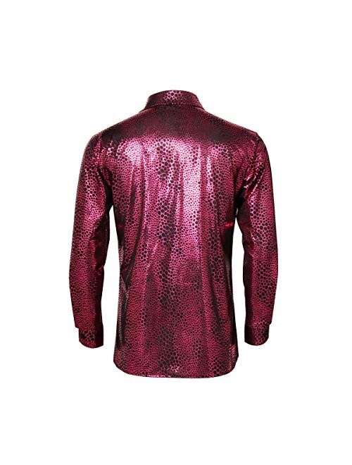 AMNPOLEN Mens Metallic Shiny Nightclub Costume Sequins Snakeskin Shirt Long Sleeve Slim Fit Button Down 70s Disco Party Props