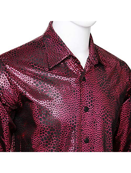 AMNPOLEN Mens Metallic Shiny Nightclub Costume Sequins Snakeskin Shirt Long Sleeve Slim Fit Button Down 70s Disco Party Props