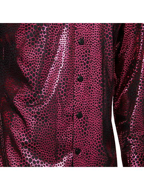 AMNPOLEN Mens Metallic Shiny Nightclub Costume Sequins Snakeskin Shirt Long Sleeve Slim Fit Button Down 70s Disco Party Props