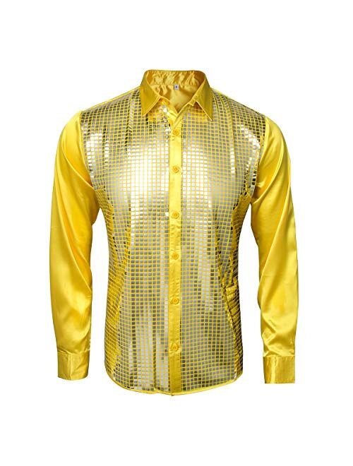 AMNPOLEN Mens Metallic Shiny Nightclub Costume Sequins Snakeskin Shirt Long Sleeve Slim Fit Button Down 70s Disco Party Props