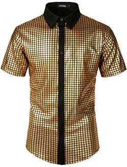 JOGAL Mens 70s Disco Costume Silver Sequins Short Sleeve Button Down Shirts