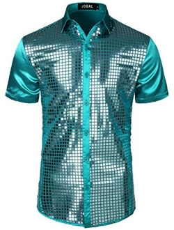 JOGAL Mens 70s Disco Costume Silver Sequins Short Sleeve Button Down Shirts