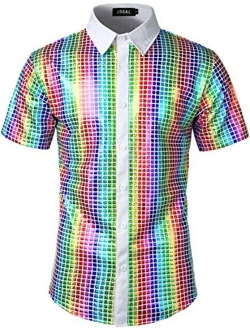 JOGAL Mens 70s Disco Costume Silver Sequins Short Sleeve Button Down Shirts