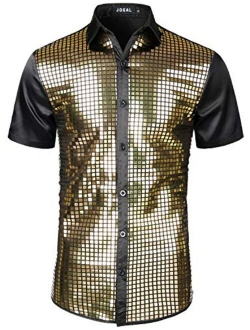 JOGAL Mens 70s Disco Costume Silver Sequins Short Sleeve Button Down Shirts