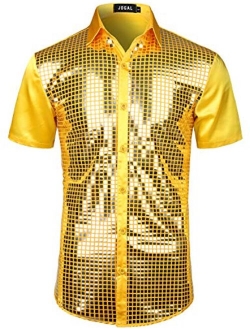 JOGAL Mens 70s Disco Costume Silver Sequins Short Sleeve Button Down Shirts