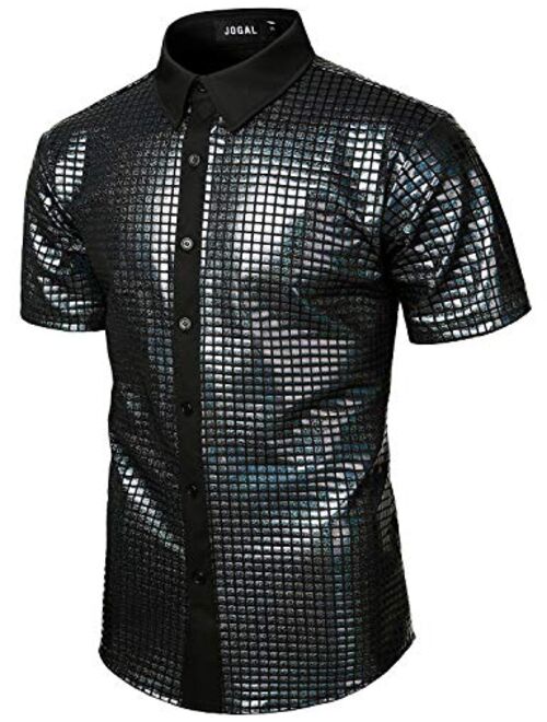 JOGAL Mens 70s Disco Costume Silver Sequins Short Sleeve Button Down Shirts