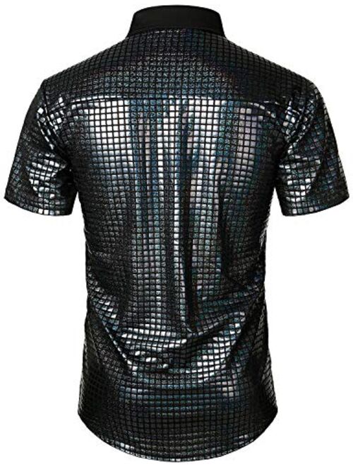 JOGAL Mens 70s Disco Costume Silver Sequins Short Sleeve Button Down Shirts