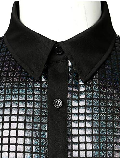 JOGAL Mens 70s Disco Costume Silver Sequins Short Sleeve Button Down Shirts