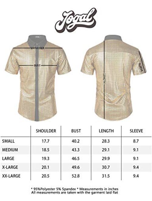 JOGAL Mens 70s Disco Costume Silver Sequins Short Sleeve Button Down Shirts