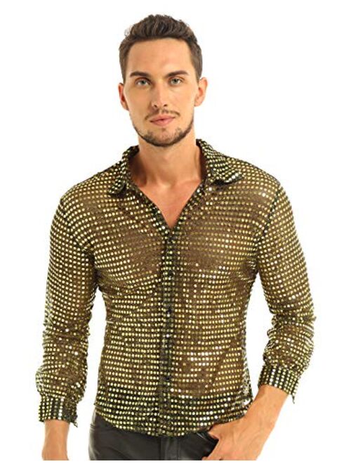 ACSUSS Men's Shiny Sequined Mesh Top 60s 70s Disco Dance Shirt Dude Costume Clubwear