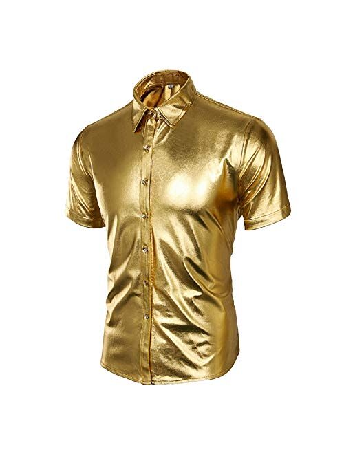 Jila Men's Nightclub Metallic Silver Button Down Short Sleeves Shirts Fashion Shinny Slim Disco Dance Tops Costume Party Clubwear