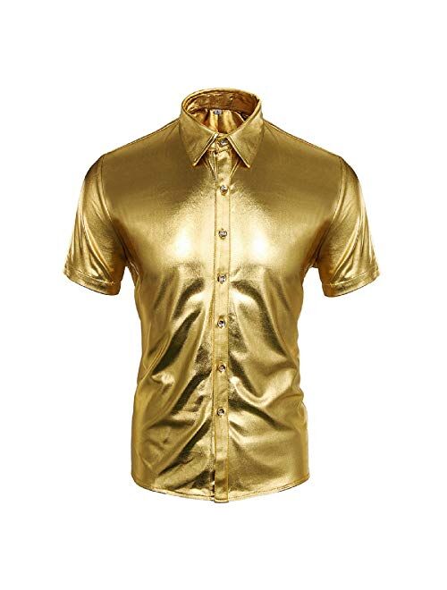 Jila Men's Nightclub Metallic Silver Button Down Short Sleeves Shirts Fashion Shinny Slim Disco Dance Tops Costume Party Clubwear