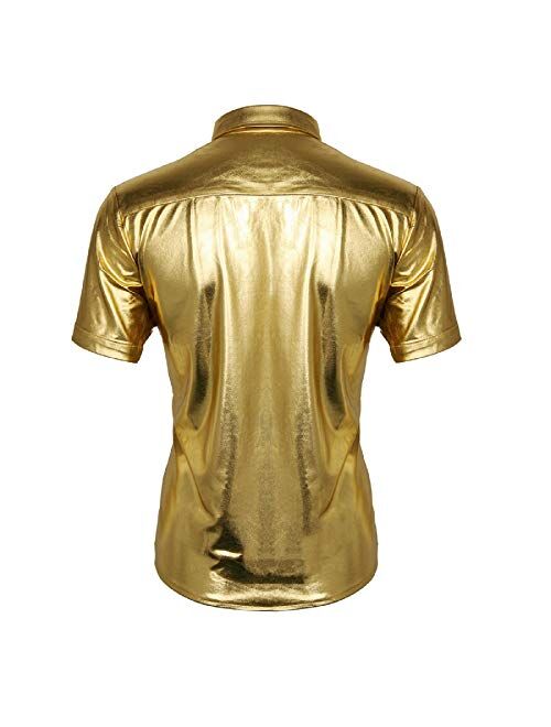 Jila Men's Nightclub Metallic Silver Button Down Short Sleeves Shirts Fashion Shinny Slim Disco Dance Tops Costume Party Clubwear