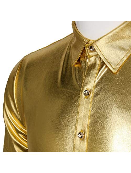 Jila Men's Nightclub Metallic Silver Button Down Short Sleeves Shirts Fashion Shinny Slim Disco Dance Tops Costume Party Clubwear