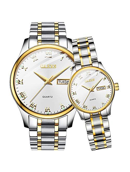 OLEVS Valentines Couple Pair Quartz 38mm Watches Luminous Calendar Date Window 3ATM Waterproof, Casual Stainless Steel His and Hers Wristwatch for Men Women Lovers Weddin