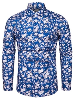 TUNEVUSE Men Floral Dress Shirts Long Sleeve Casual Button Down Flower Printed Shirts 100% Cotton