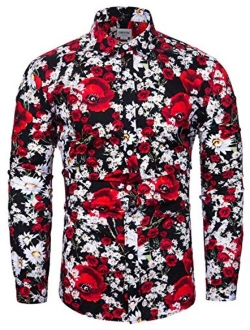 TUNEVUSE Men Floral Dress Shirts Long Sleeve Casual Button Down Flower Printed Shirts 100% Cotton