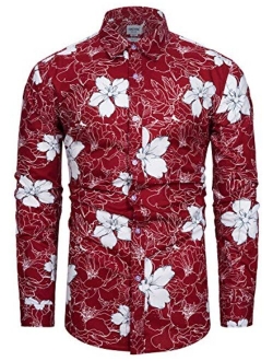 TUNEVUSE Men Floral Dress Shirts Long Sleeve Casual Button Down Flower Printed Shirts 100% Cotton