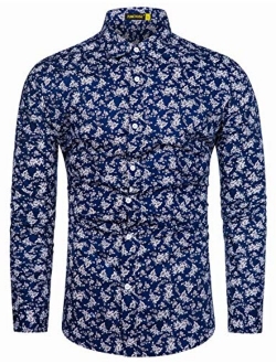 TUNEVUSE Men Floral Dress Shirts Long Sleeve Casual Button Down Flower Printed Shirts 100% Cotton