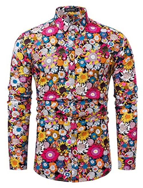 TUNEVUSE Men Floral Dress Shirts Long Sleeve Casual Button Down Flower Printed Shirts 100% Cotton