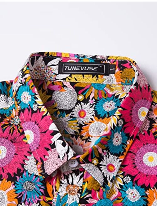 TUNEVUSE Men Floral Dress Shirts Long Sleeve Casual Button Down Flower Printed Shirts 100% Cotton