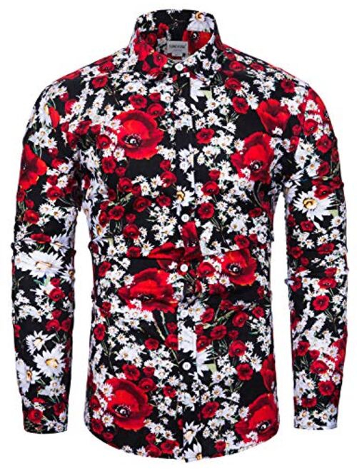 TUNEVUSE Men Floral Dress Shirts Long Sleeve Casual Button Down Flower Printed Shirts 100% Cotton