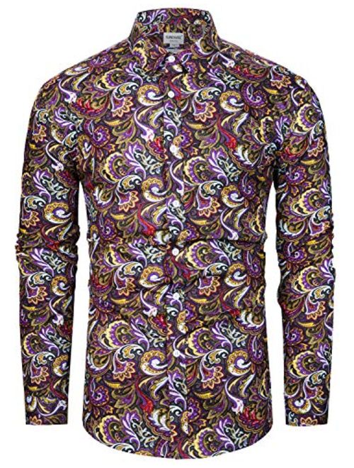 TUNEVUSE Men Floral Dress Shirts Long Sleeve Casual Button Down Flower Printed Shirts 100% Cotton