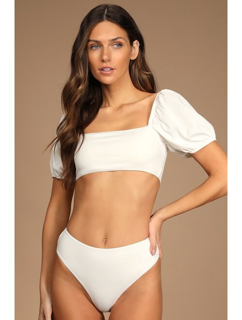 Lulus Summer Frill White Puff Sleeve Bikini Top