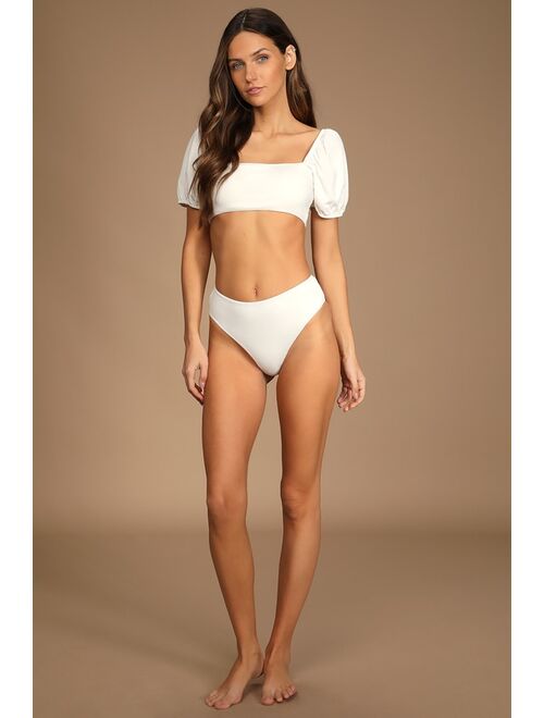 Lulus Summer Frill White Puff Sleeve Bikini Top