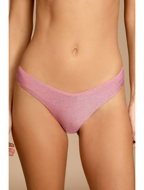 Lulus Heat Wave Dusty Pink Sparkly Mid-Rise Bikini Bottoms