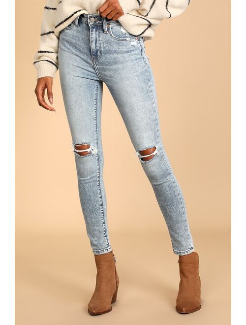 DAZE DENIM Moneymaker Light Wash Denim Distressed High Rise Skinny Jeans