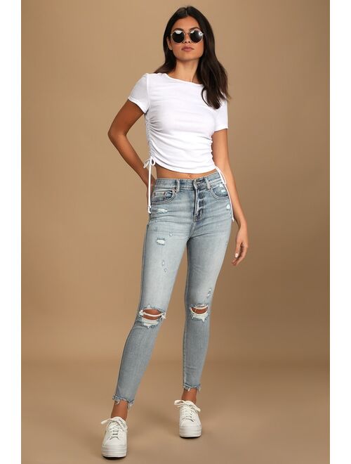 DAZE DENIM Moneymaker Light Wash Denim Distressed High Rise Skinny Jeans