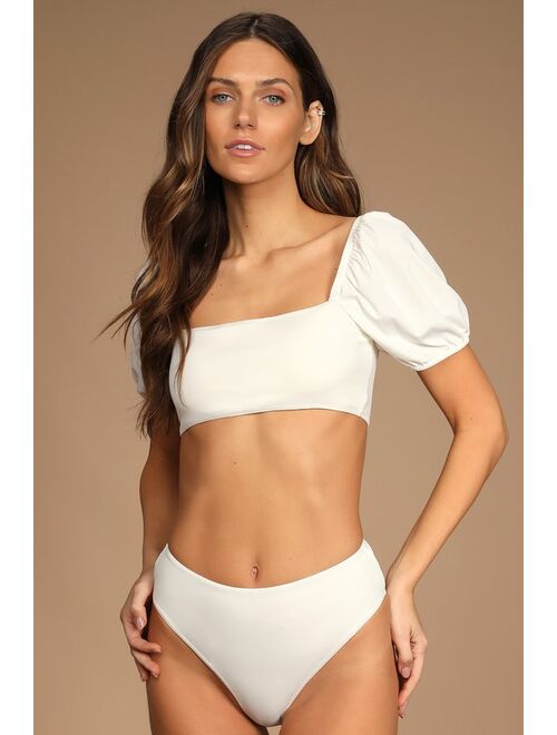 Lulus Summer Frill White High-Rise Bikini Bottoms