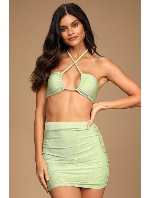 Lulus Shine Like the Sun Green Glitter Ruched Swim Cover-Up Skirt