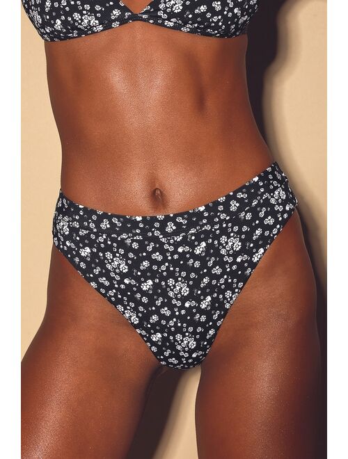 Lulus Making Waves Black Floral Print High-Rise Bikini Bottoms