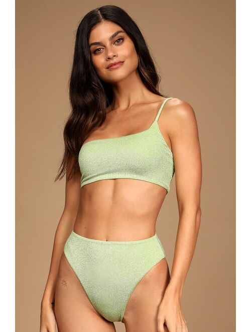 Lulus Shine Like the Sun Green Glitter High Rise Bikini Bottoms