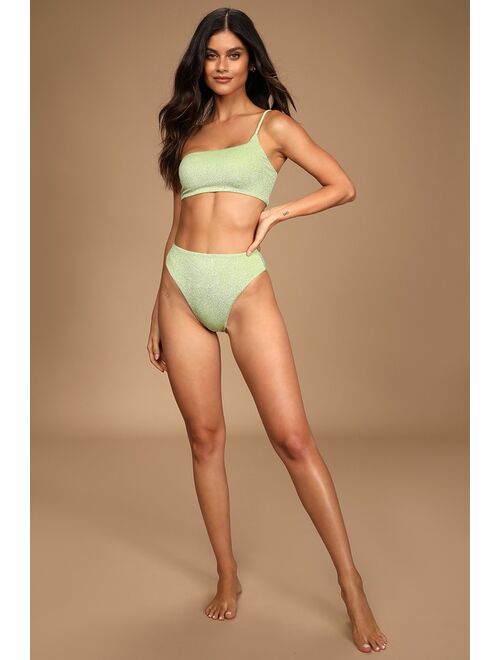 Lulus Shine Like the Sun Green Glitter High Rise Bikini Bottoms