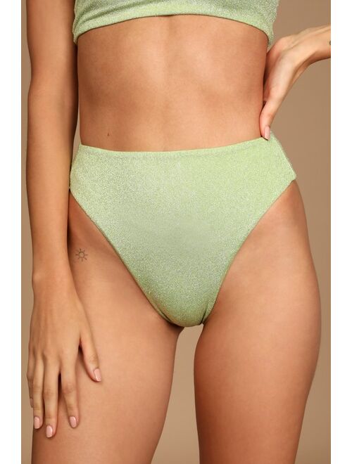 Lulus Shine Like the Sun Green Glitter High Rise Bikini Bottoms