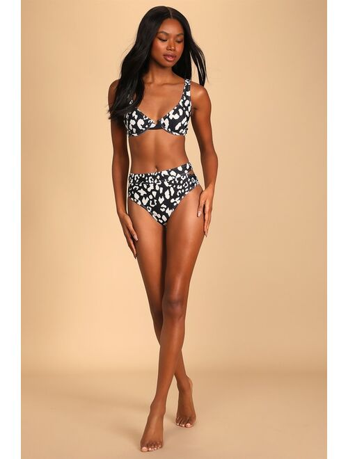 Lulus Yacht Club Black Leopard Print Cutout Bikini Bottoms