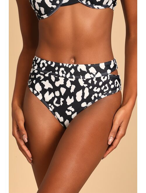 Lulus Yacht Club Black Leopard Print Cutout Bikini Bottoms