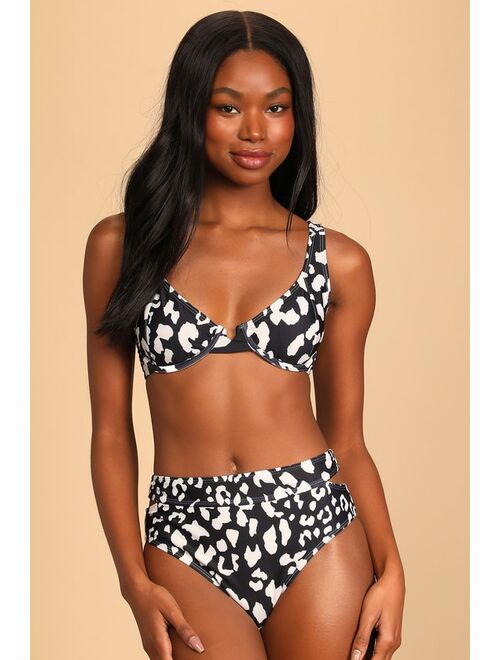 Lulus Yacht Club Black Leopard Print Cutout Bikini Bottoms