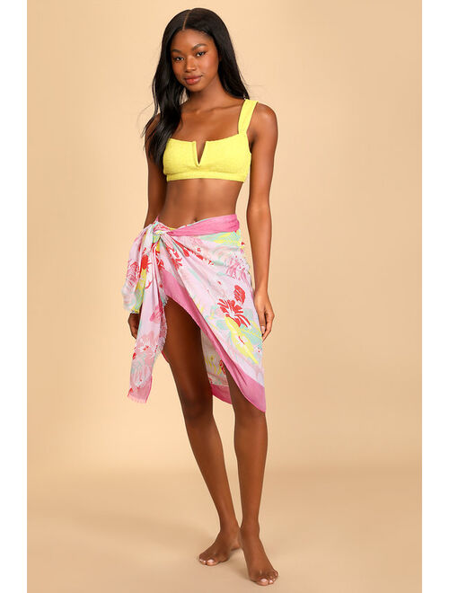 Lulus Hibiscus Hello Pink Floral Print Swim Cover-Up Scarf